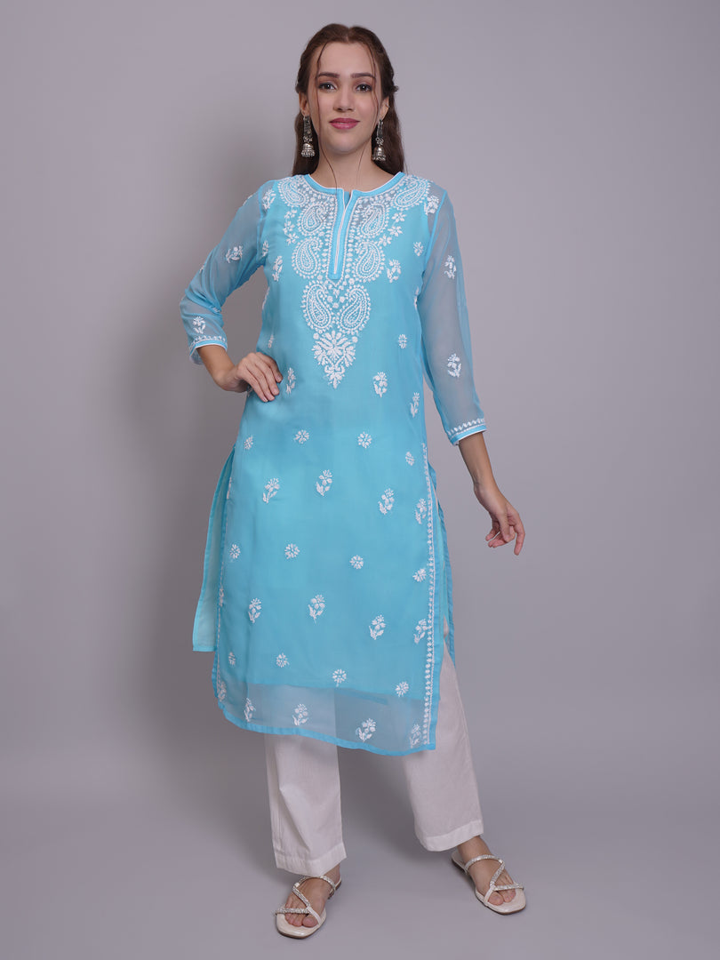 Seva Chikan Hand Embroidered Georgette Lucknowi Chikankari Kurta With Slip