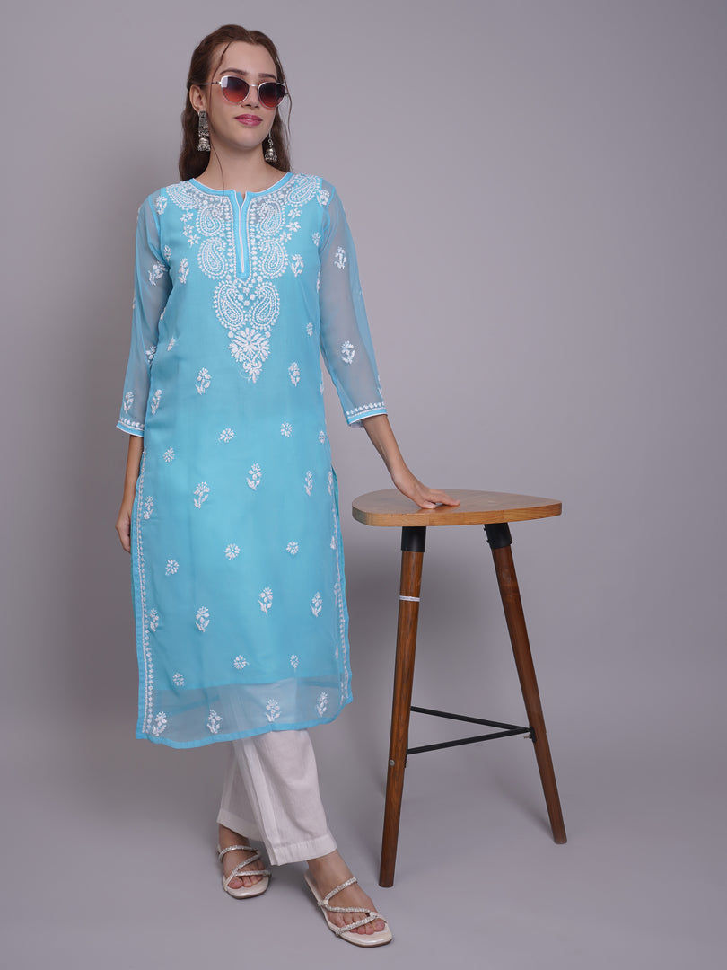 Seva Chikan Hand Embroidered Georgette Lucknowi Chikankari Kurta With Slip