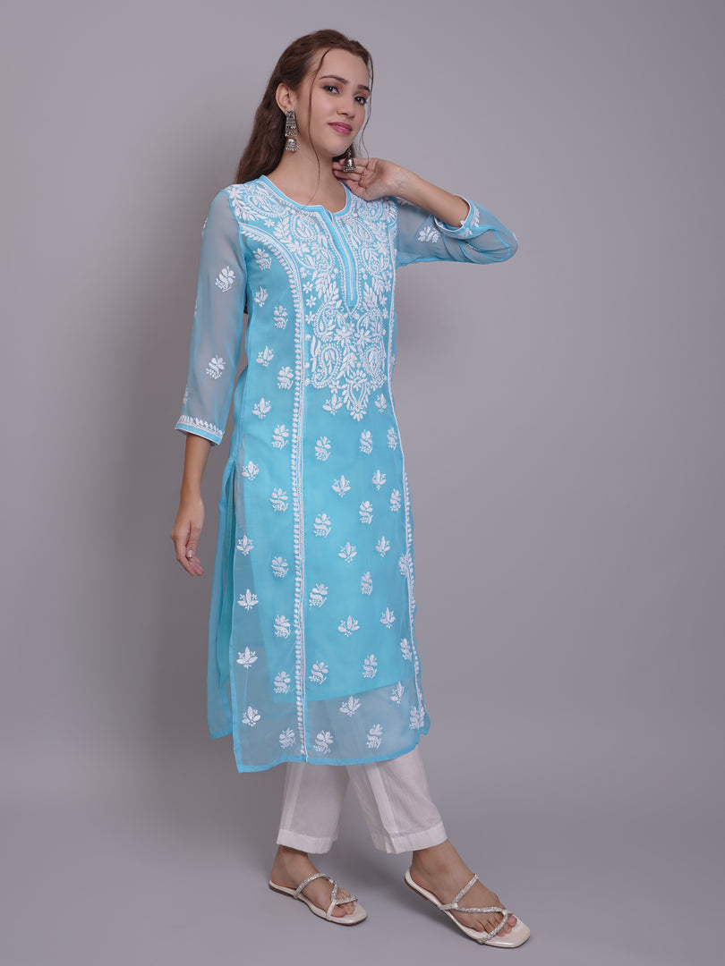 Seva Chikan Hand Embroidered Georgette Lucknowi Chikankari Kurta With Slip-SCL4685