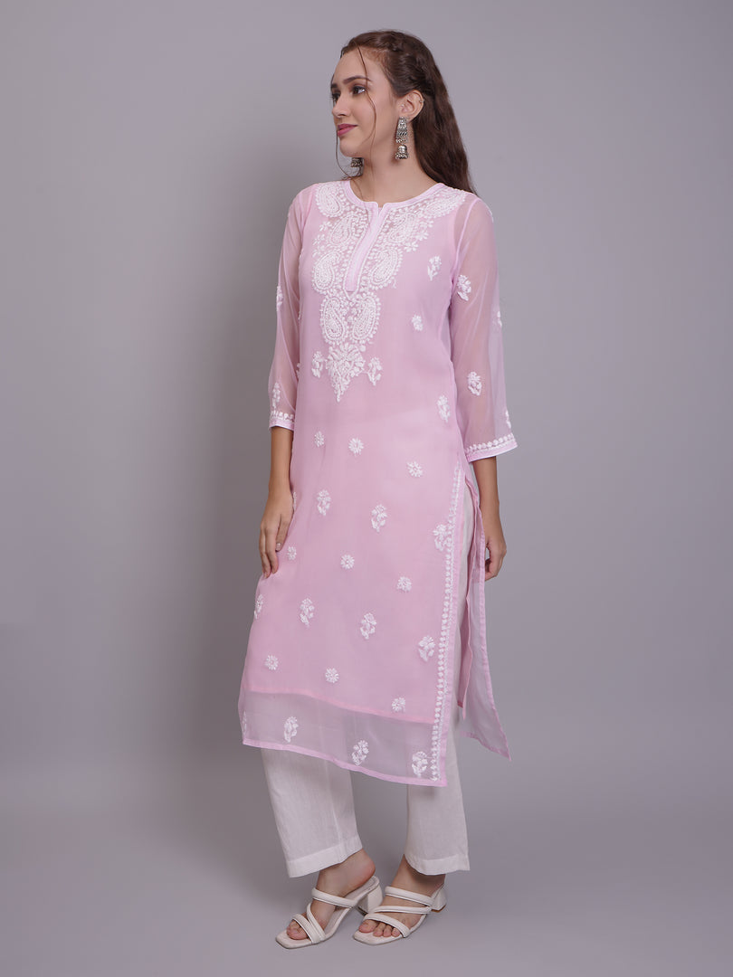 Seva Chikan Hand Embroidered Georgette Lucknowi Chikankari Kurta With Slip