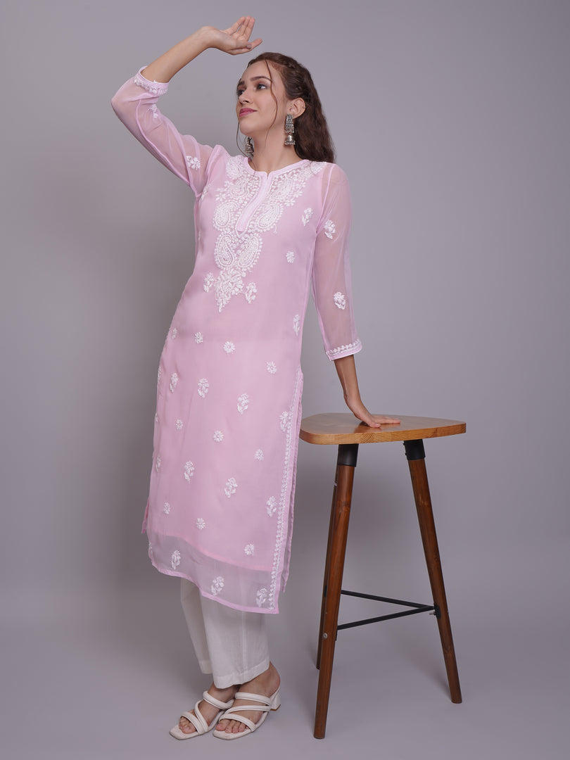 Seva Chikan Hand Embroidered Georgette Lucknowi Chikankari Kurta With Slip