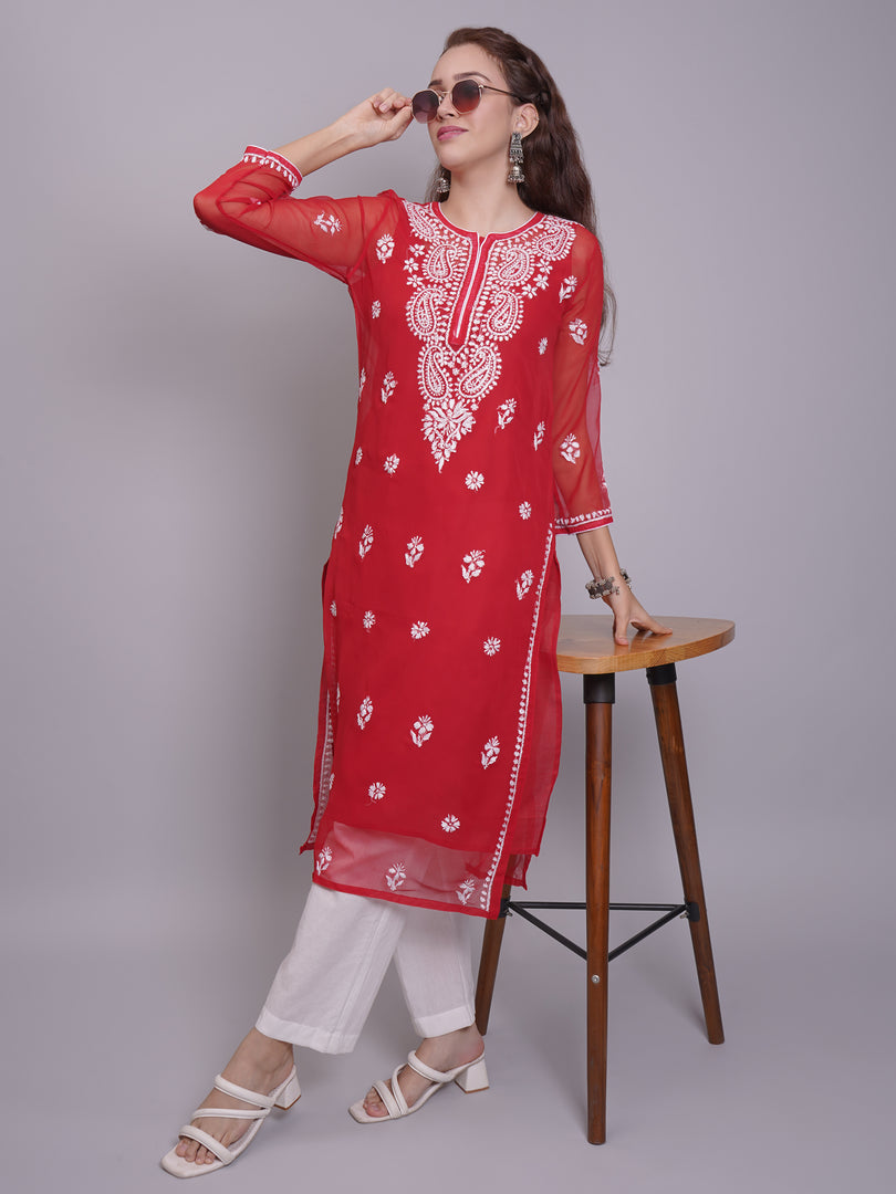 Seva Chikan Hand Embroidered Georgette Lucknowi Chikankari Kurta With Slip