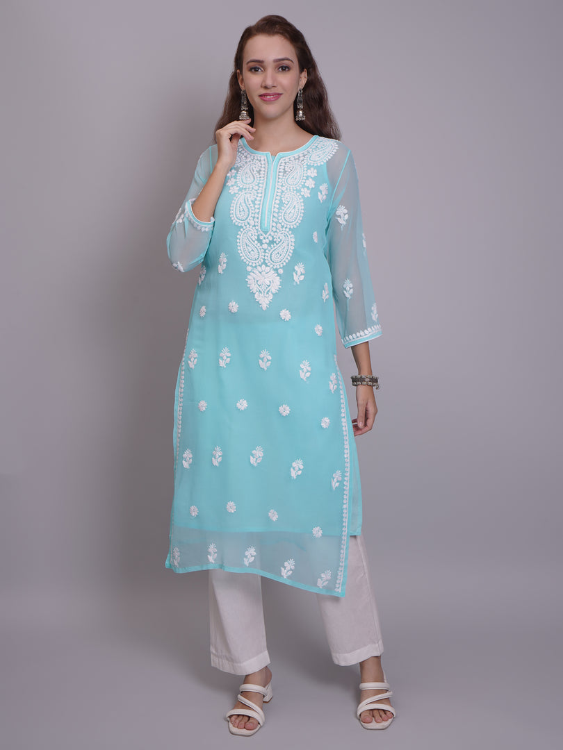 Seva Chikan Hand Embroidered Georgette Lucknowi Chikankari Kurta With Slip