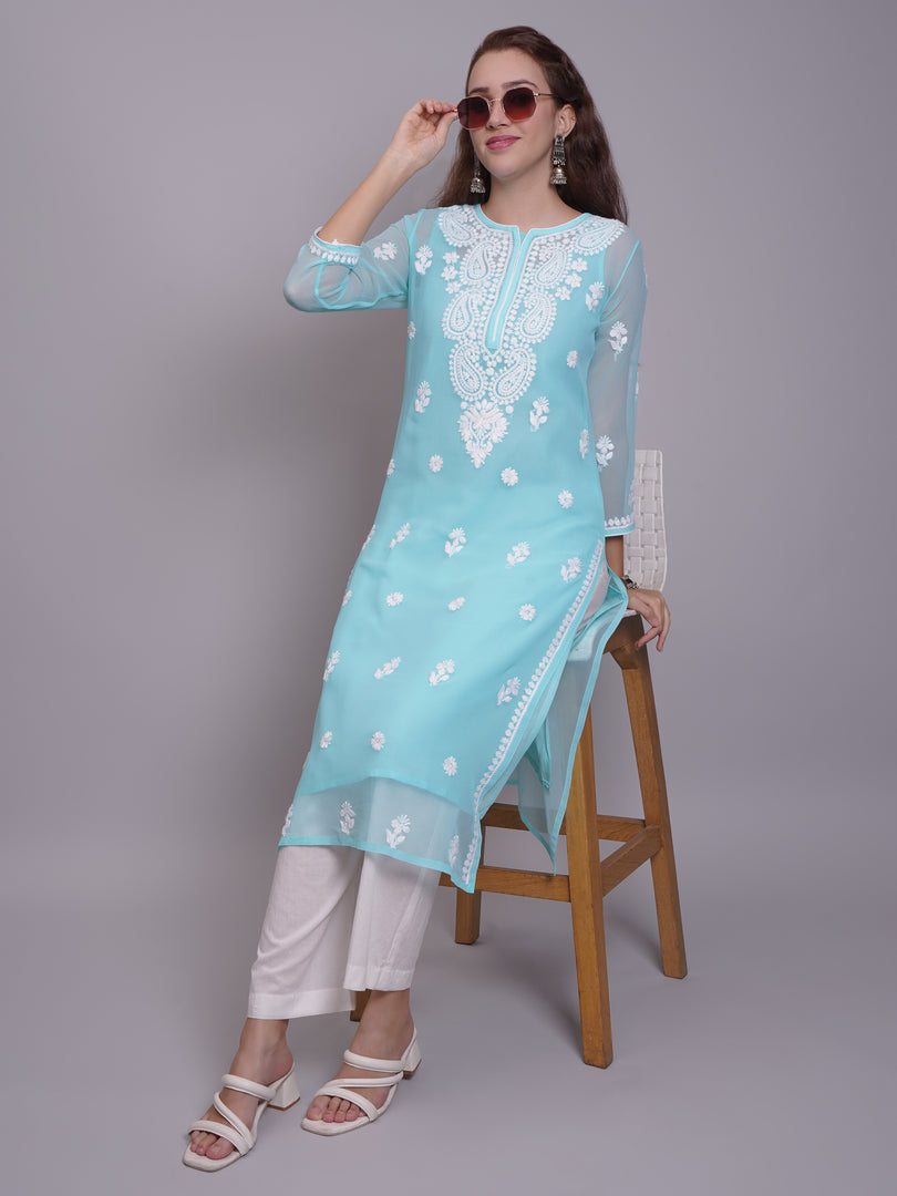 Seva Chikan Hand Embroidered Georgette Lucknowi Chikankari Kurta With Slip