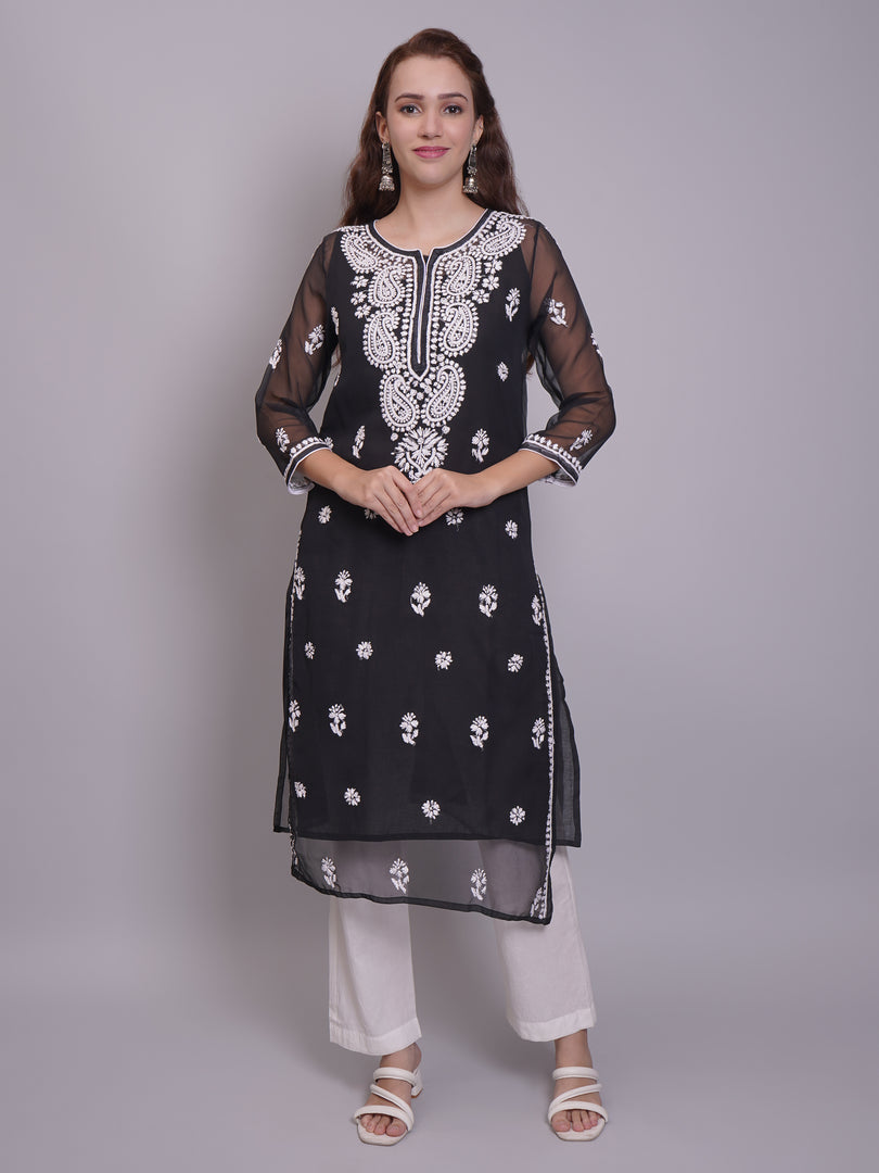 Seva Chikan Hand Embroidered Georgette Lucknowi Chikankari Kurta With Slip