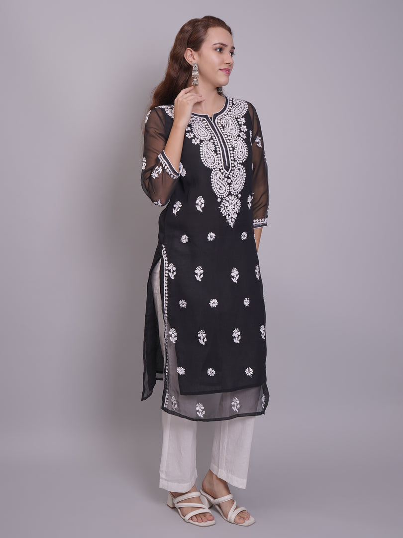 Seva Chikan Hand Embroidered Georgette Lucknowi Chikankari Kurta With Slip