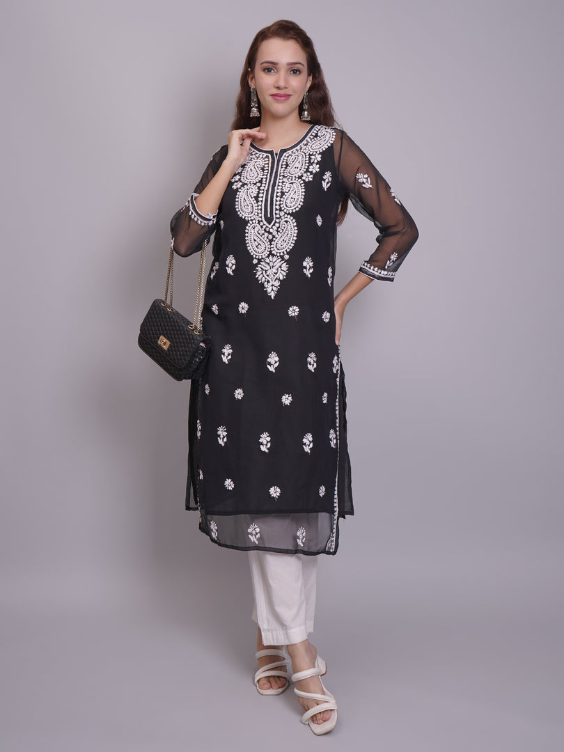 Seva Chikan Hand Embroidered Georgette Lucknowi Chikankari Kurta With Slip