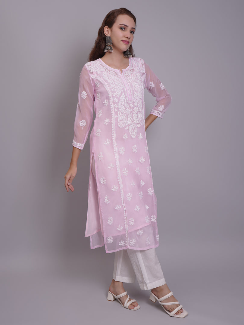 Seva Chikan Hand Embroidered Georgette Lucknowi Chikankari Kurta With Slip-SCL4685