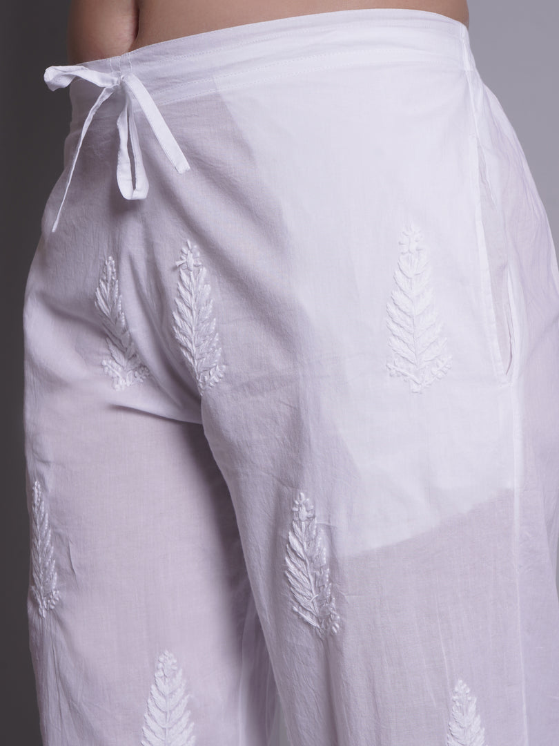 Seva Chikan Hand Embroidered White Cotton Lucknawi Chikankari Pant-SCL11035