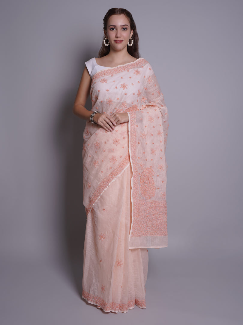 Seva Chikan Hand Embroidered Peach Kota Lucknowi Chikankari Saree- SCL6077