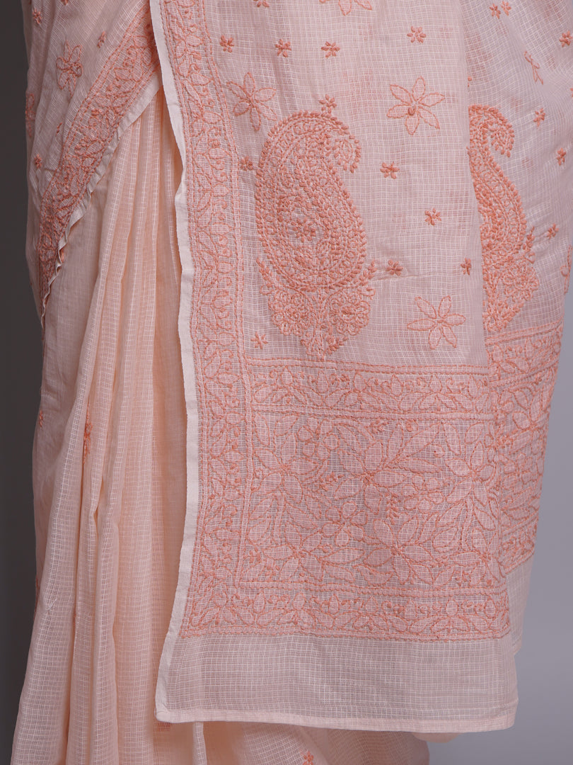 Seva Chikan Hand Embroidered Peach Kota Lucknowi Chikankari Saree- SCL6077