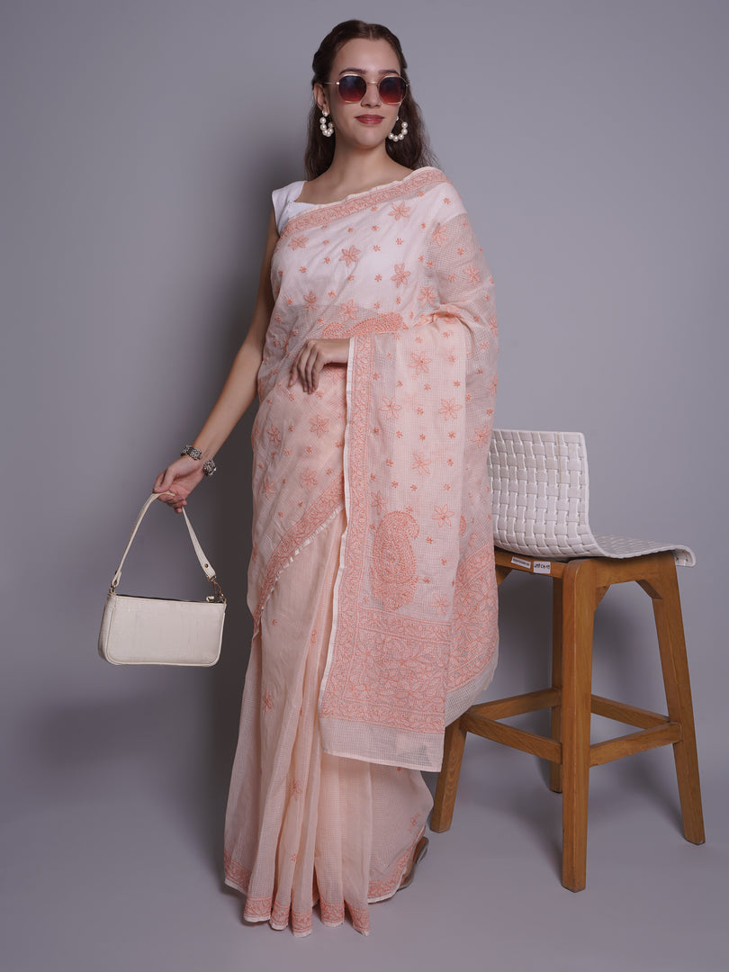 Seva Chikan Hand Embroidered Peach Kota Lucknowi Chikankari Saree- SCL6077