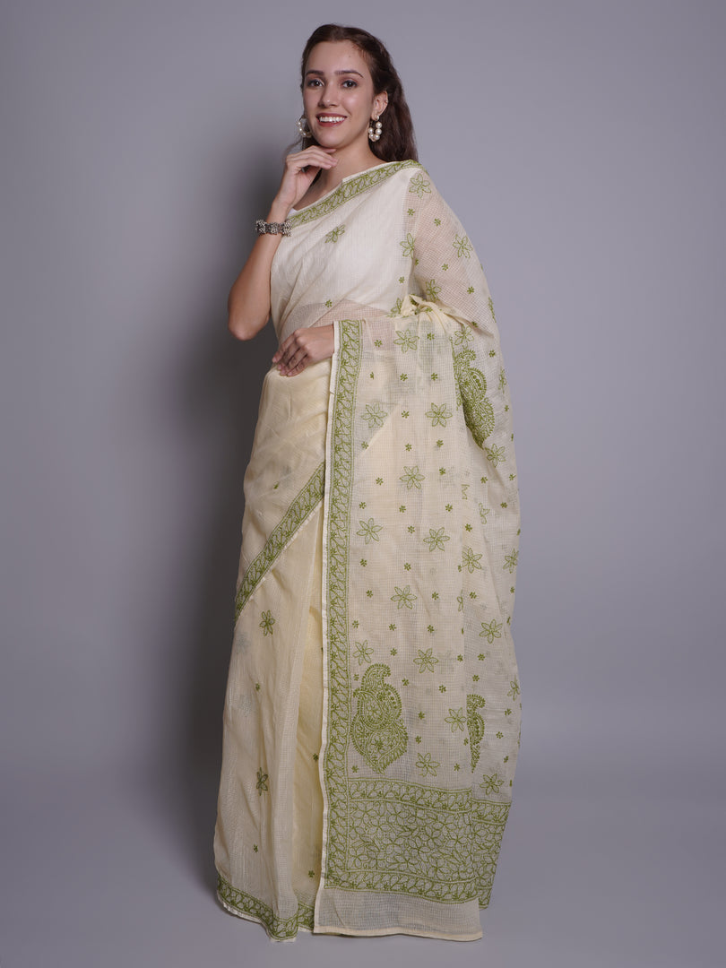 Seva Chikan Hand Embroidered Lemon Kota Lucknowi Chikankari Saree- SCL6076