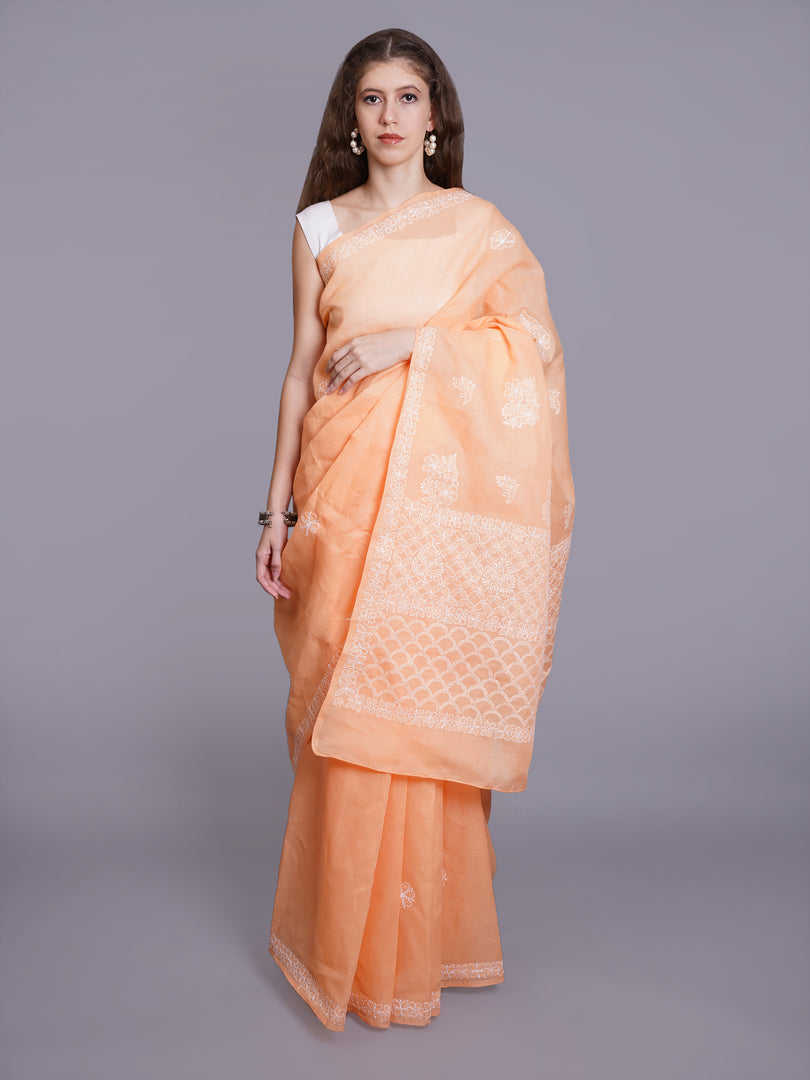 Seva Chikan Hand Embroidered Appricot Peach Georgette Lucknowi Chikankari Saree- SCL6070