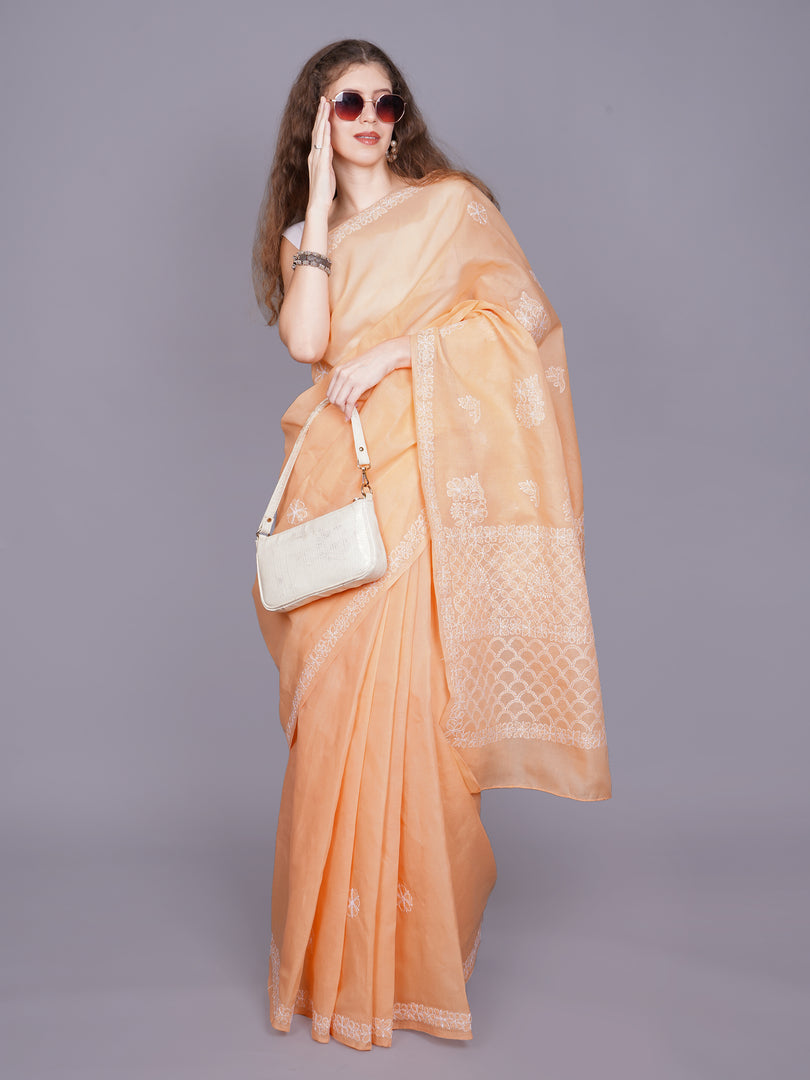 Seva Chikan Hand Embroidered Appricot Peach Georgette Lucknowi Chikankari Saree- SCL6070