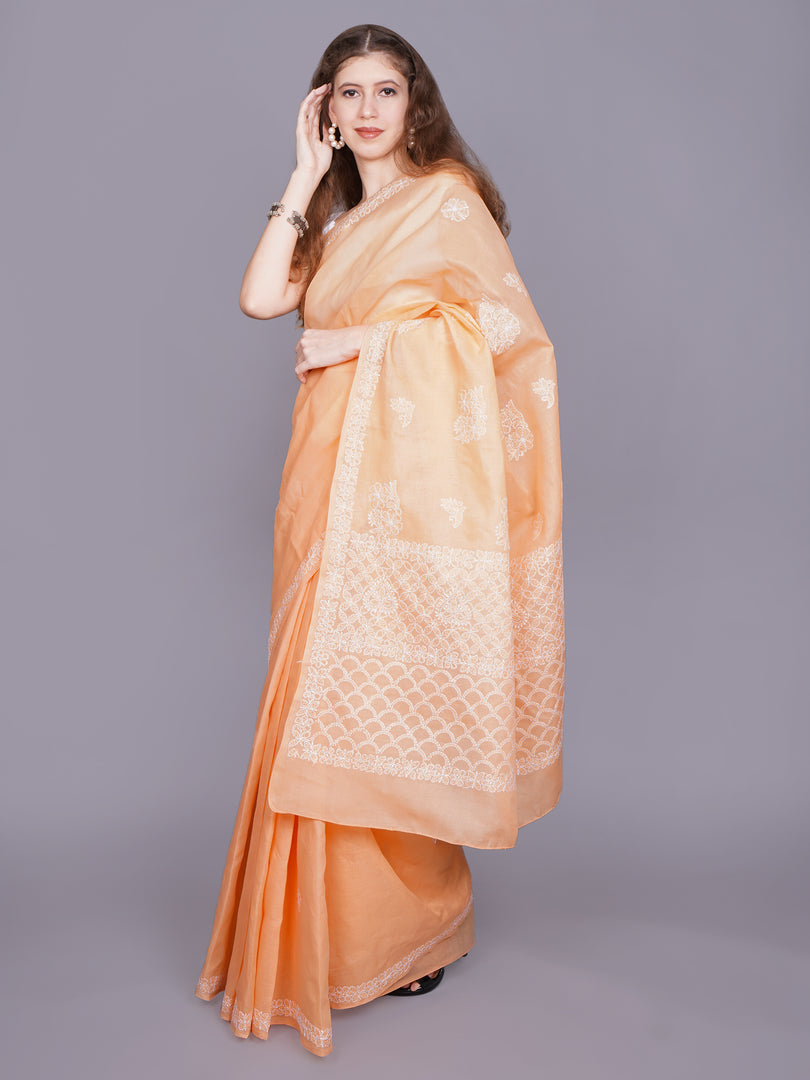 Seva Chikan Hand Embroidered Appricot Peach Georgette Lucknowi Chikankari Saree- SCL6070