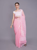 Load image into Gallery viewer, Seva Chikan Hand Embroidered Peach Georgette Lucknowi Chikankari Saree- SCL6064
