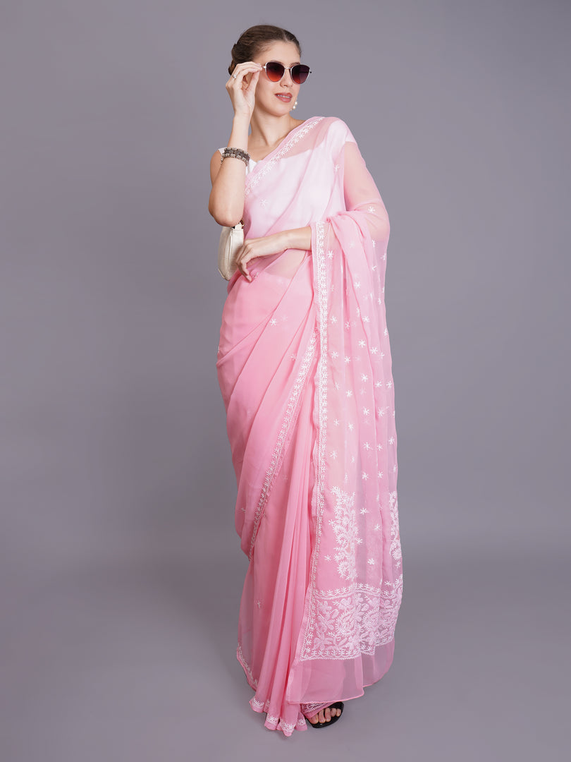 Seva Chikan Hand Embroidered Peach Georgette Lucknowi Chikankari Saree- SCL6064