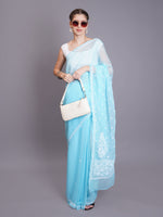 Load image into Gallery viewer, Seva Chikan Hand Embroidered Blue Georgette Lucknowi Chikankari Saree- SCL6067
