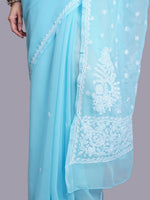 Load image into Gallery viewer, Seva Chikan Hand Embroidered Blue Georgette Lucknowi Chikankari Saree- SCL6067
