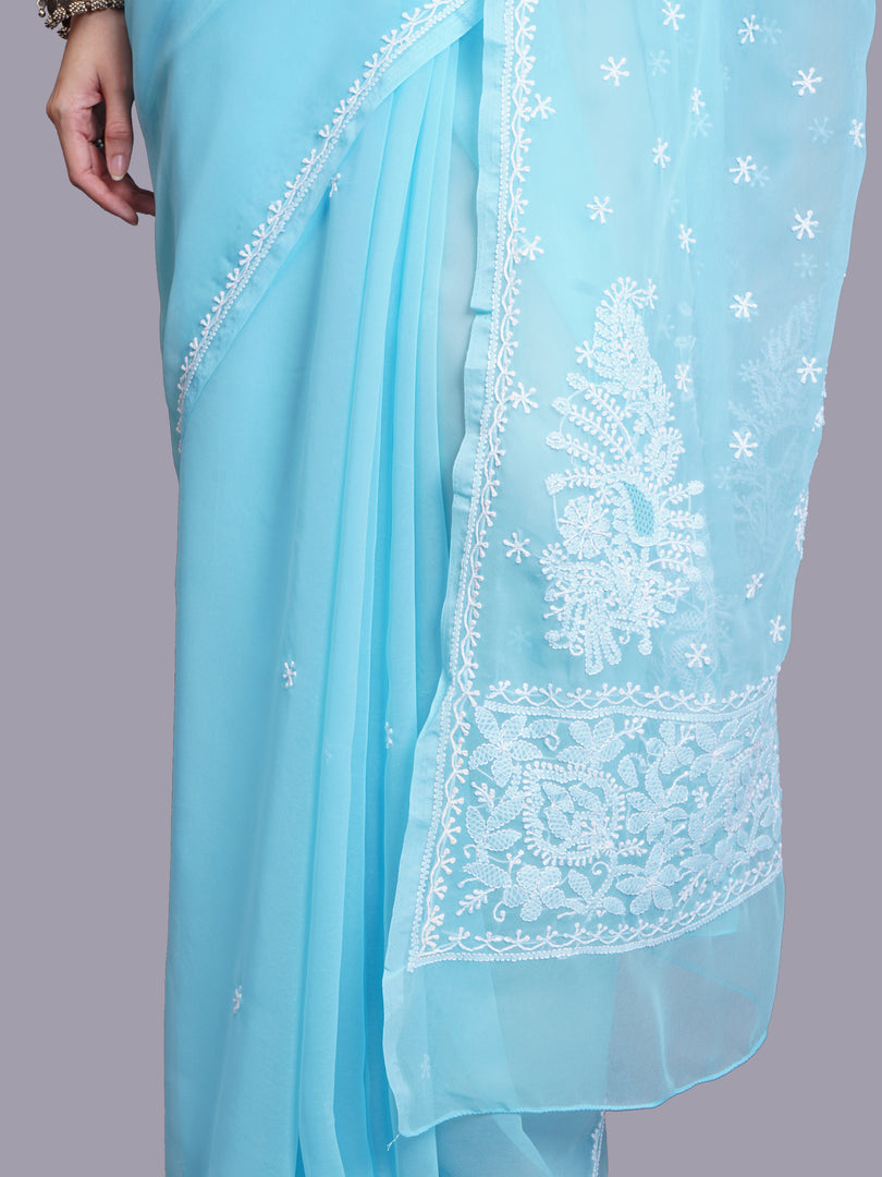 Seva Chikan Hand Embroidered Blue Georgette Lucknowi Chikankari Saree- SCL6067