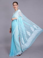 Load image into Gallery viewer, Seva Chikan Hand Embroidered Blue Georgette Lucknowi Chikankari Saree- SCL6067
