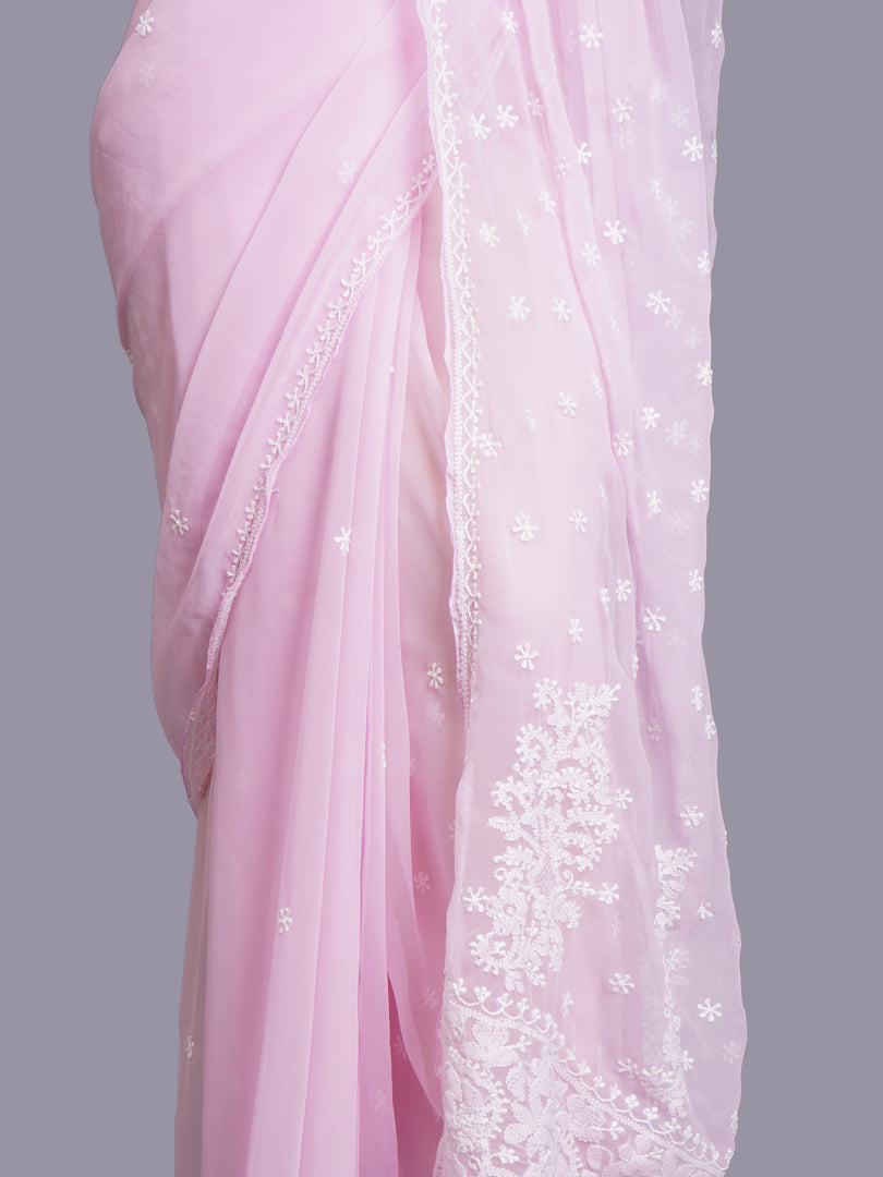 Seva Chikan Hand Embroidered Pink Georgette Lucknowi Chikankari Saree- SCL6069