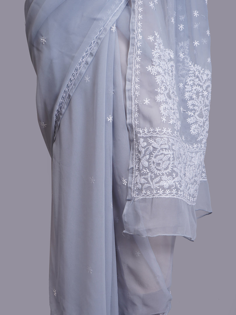 Seva Chikan Hand Embroidered Grey Georgette Lucknowi Chikankari Saree- SCL6062