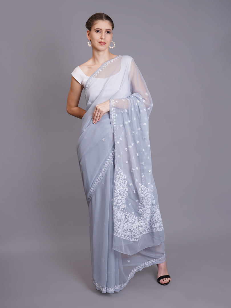 Seva Chikan Hand Embroidered Grey Georgette Lucknowi Chikankari Saree- SCL6062