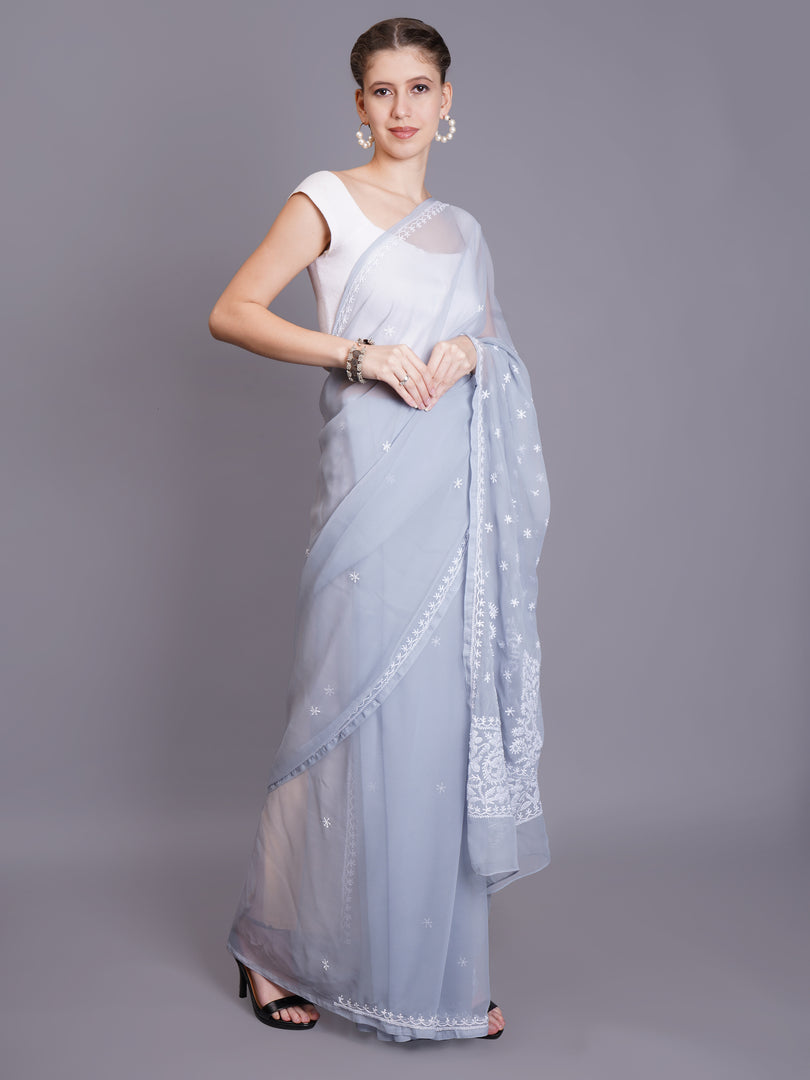 Seva Chikan Hand Embroidered Grey Georgette Lucknowi Chikankari Saree- SCL6062