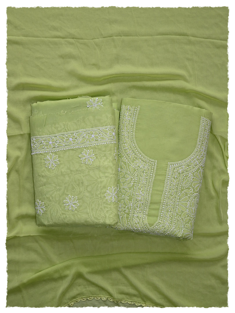 Seva Chikan Hand Embroidered Green Terivoil Cotton Lucknowi Chikankari Unstitched Suit Piece-SCL13019