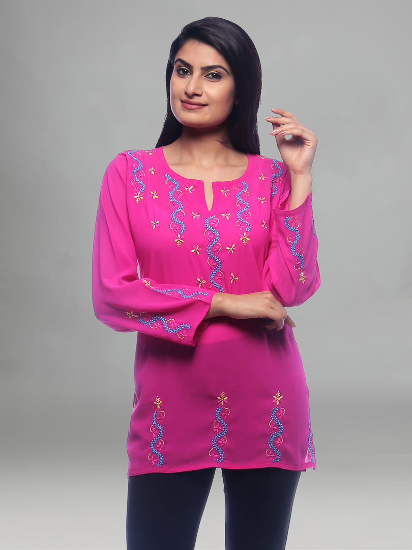 Seva Chikan Hand Embroidered Pink Georgette Lucknowi Chikankari Short Top-SCL0148