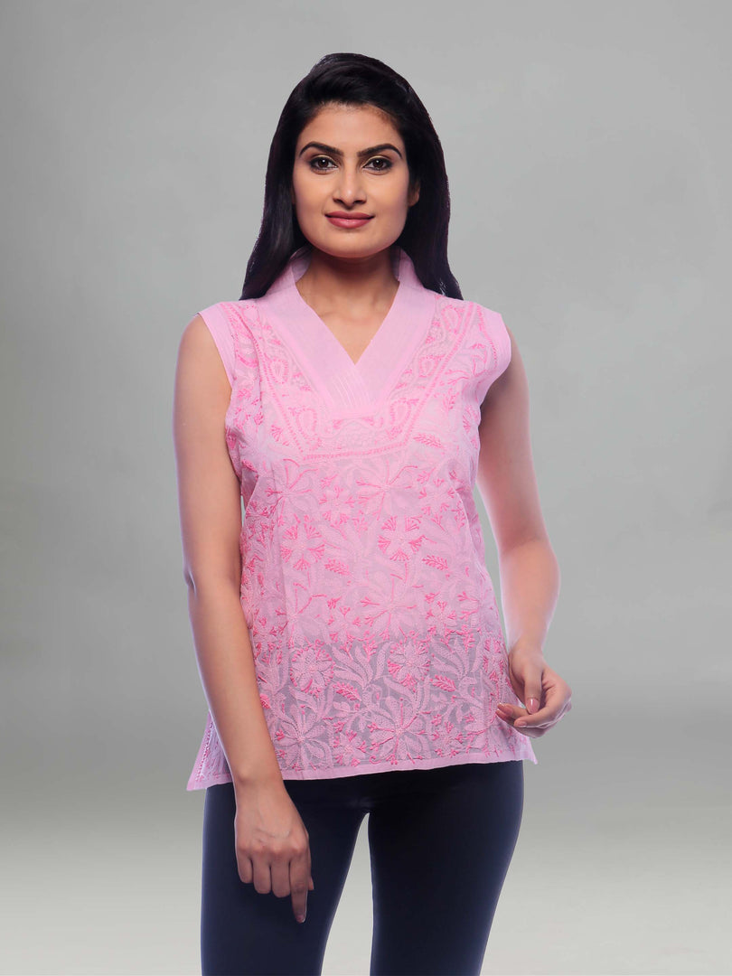 Seva Chikan Hand Embroidered Pink Cotton Lucknowi Chikankari Short Top- SCL0144