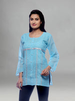 Load image into Gallery viewer, Seva Chikan Hand Embroidered Blue Cotton Lucknowi Chikankari Short Top - SCL0131
