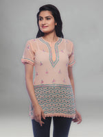 Load image into Gallery viewer, Seva Chikan Hand Embroidered Peach Georgette Lucknowi Chikankari Short Top With Sequins Work-SCL0168