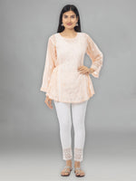 Load image into Gallery viewer, Seva Chikan Hand Embroidered Peach Cotton Lucknowi Chikankari Short Top-SCL2022