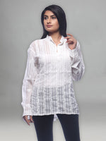 Load image into Gallery viewer, Seva Chikan Hand Embroidered White Cotton Lucknowi Chikankari Short Top-SCL0174
