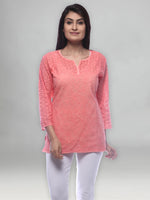 Load image into Gallery viewer, Seva Chikan Hand Embroidered Peach Cotton Lucknowi Chikankari Short Top-SCL0500