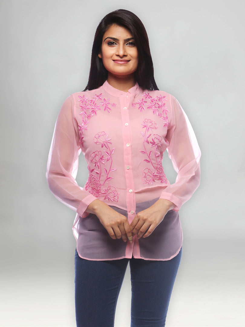 Seva Chikan Hand Embroidered Pink Georgette Lucknowi Chikankari Shirt-SCL0513