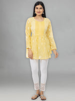 Load image into Gallery viewer, Seva Chikan Hand Embroidered Yellow Cotton Lucknowi Chikankari Short Top-SCL2023