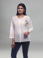 Load image into Gallery viewer, Seva Chikan Hand Embroidered White Cotton Lucknowi Chikankari Short Top With Mukaish Work- SCL0150