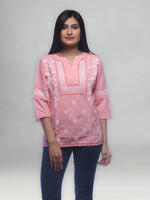 Load image into Gallery viewer, Seva Chikan Hand Embroidered Peach Cotton Lucknowi Chikankari Short Top-SCL0517