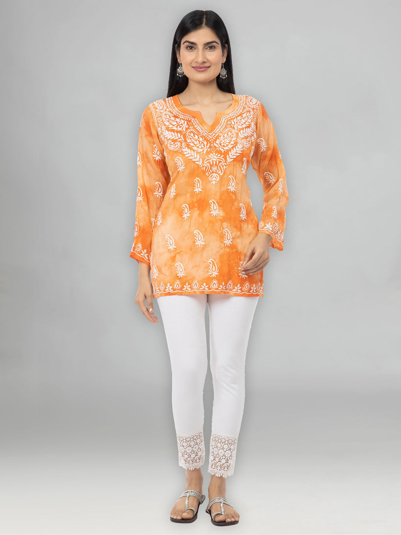 Seva Chikan Hand Embroidered Orange Rayon Lucknowi Chikankari Short Top-SCL2013