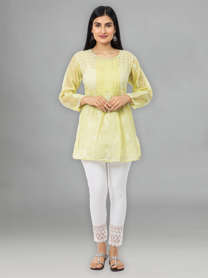 Seva Chikan Hand Embroidered Yellow Cotton Lucknowi Chikankari Short Top-SCL2014