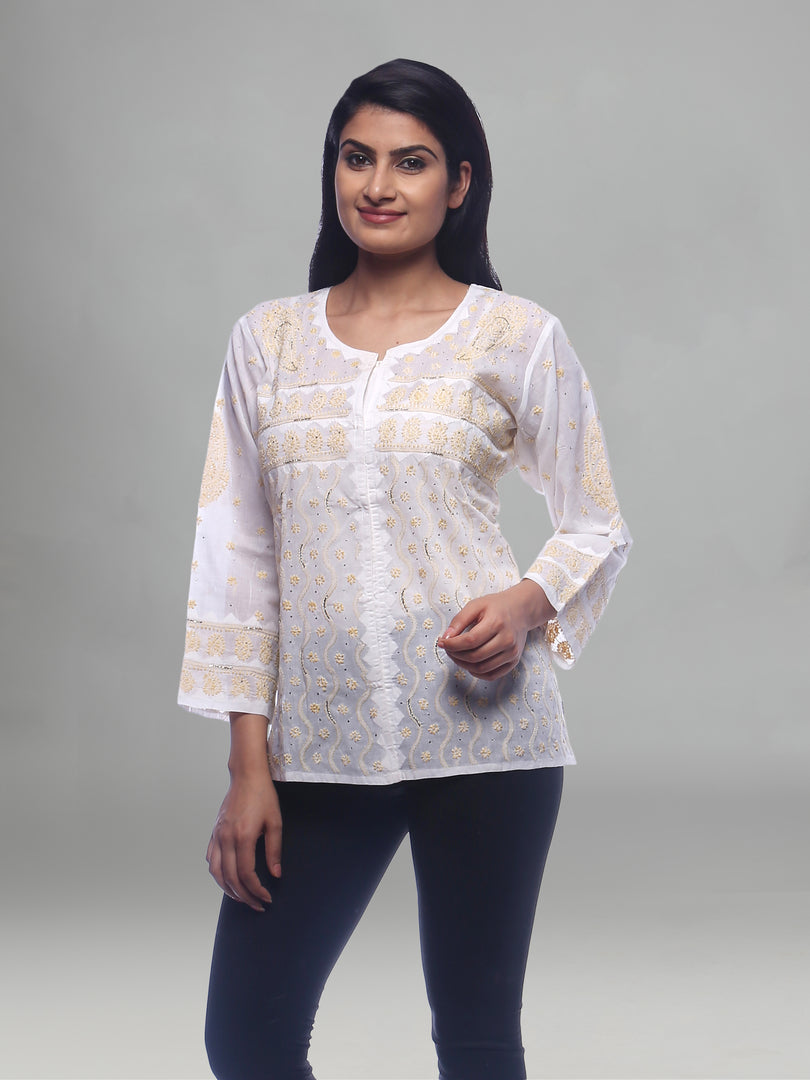 Seva Chikan Hand Embroidered White Cotton Lucknowi Chikankari Short Top With Mukaish Work- SCL0150