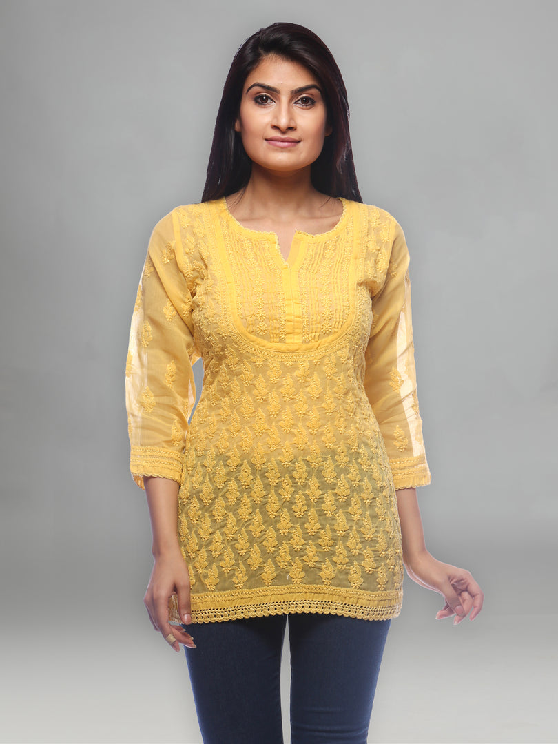 Seva Chikan Hand Embroidered Yellow Cotton Lucknowi Chikankari Short Top-SCL0179