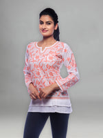 Load image into Gallery viewer, Seva Chikan Hand Embroidered White Cotton Lucknowi Chikankari Short Top-SCL0151
