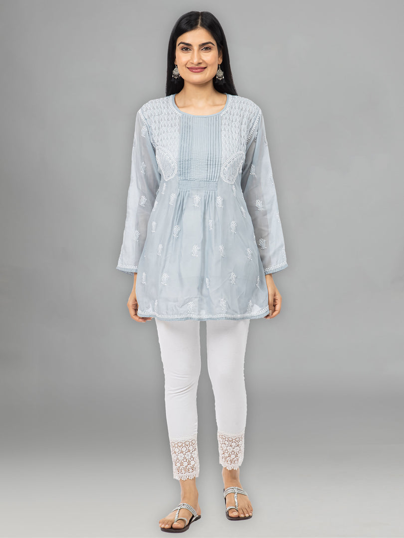 Seva Chikan Hand Embroidered Grey Cotton Lucknowi Chikankari Short Top-SCL2015