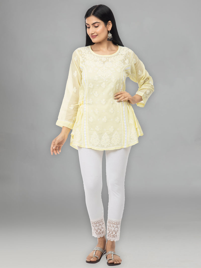 Seva Chikan Hand Embroidered Yellow Cotton Lucknowi Chikankari Short Top-SCL2043