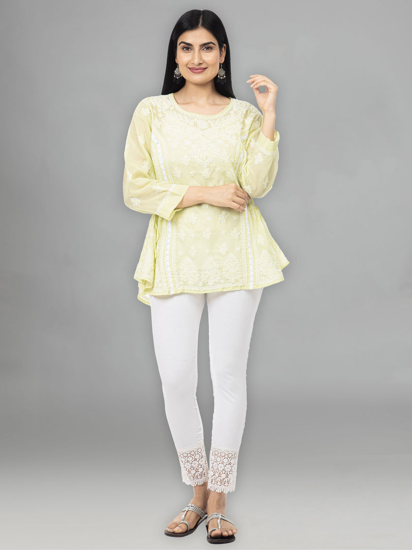 Seva Chikan Hand Embroidered Lemon Cotton Lucknowi Chikankari Short Top-SCL2044